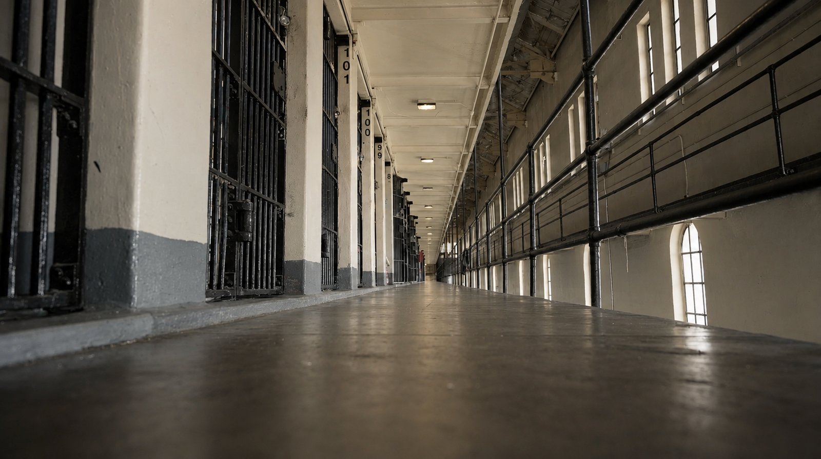 Sunlight falling across an empty cell block corridor at San Quentin